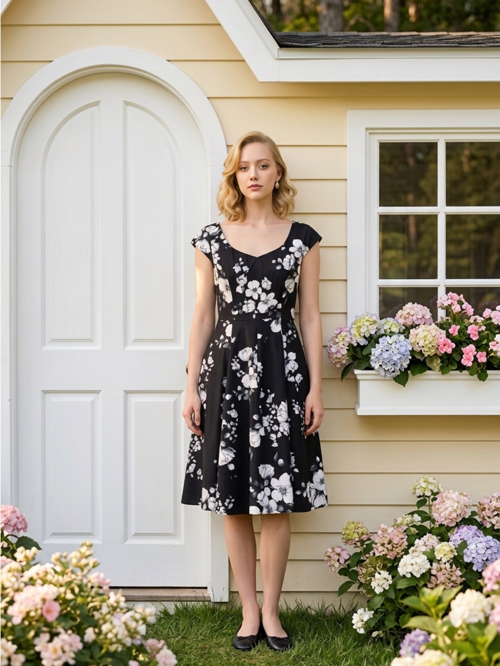 Black Floral A-Line Dress with Cap Sleeves